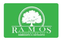 Green rectangular logo featuring white text and a tree inside a circle: "RAMOS LANDSCAPING LLC, HARDSCAPES & SOFTSCAPES."