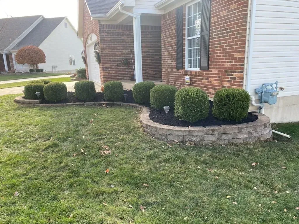 A brick house with a raised garden bed filled with green bushes on a sunny day.
