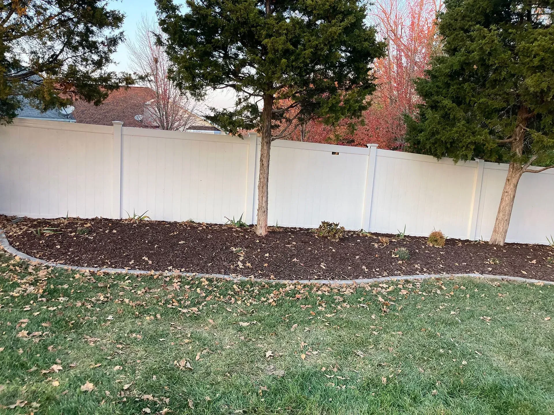 White fence borders a yard with trees, mulch, and fallen leaves.