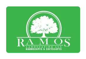 Logo for Ramos Landscaping LLC: white oak tree inside a circle, green background, white text.