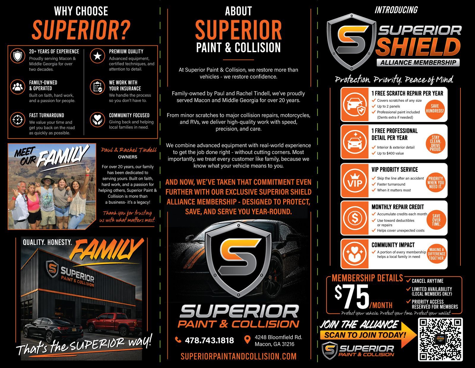 Superior Paint & Collision promotional flyer with black, orange, and white panels, services, benefits, and QR code