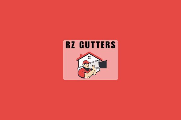 RZ Gutters logo with a worker holding a gutter, a house in the background, all on a red background.