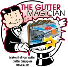 Cartoon of a magician making gutter debris disappear with his wand; advertising gutter cleaning service.
