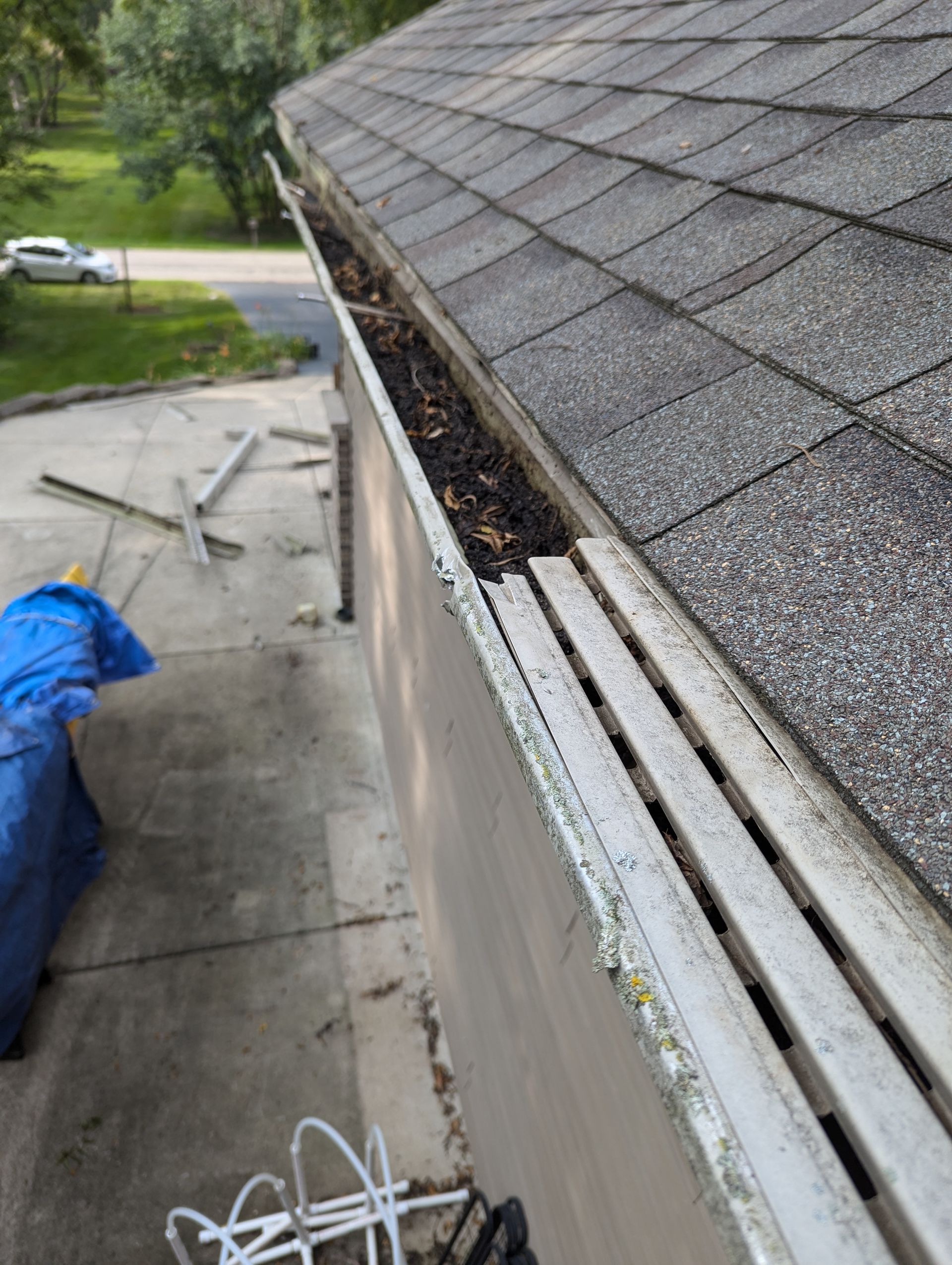 Gutter filled with debris, next to a shingled roof, on the side of a house.