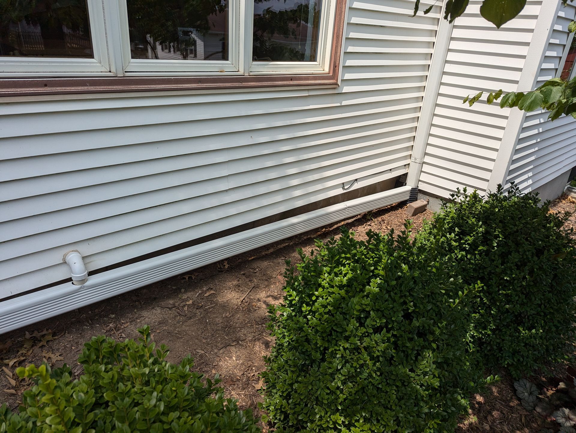 White house siding and a decorative vent above shrubs.