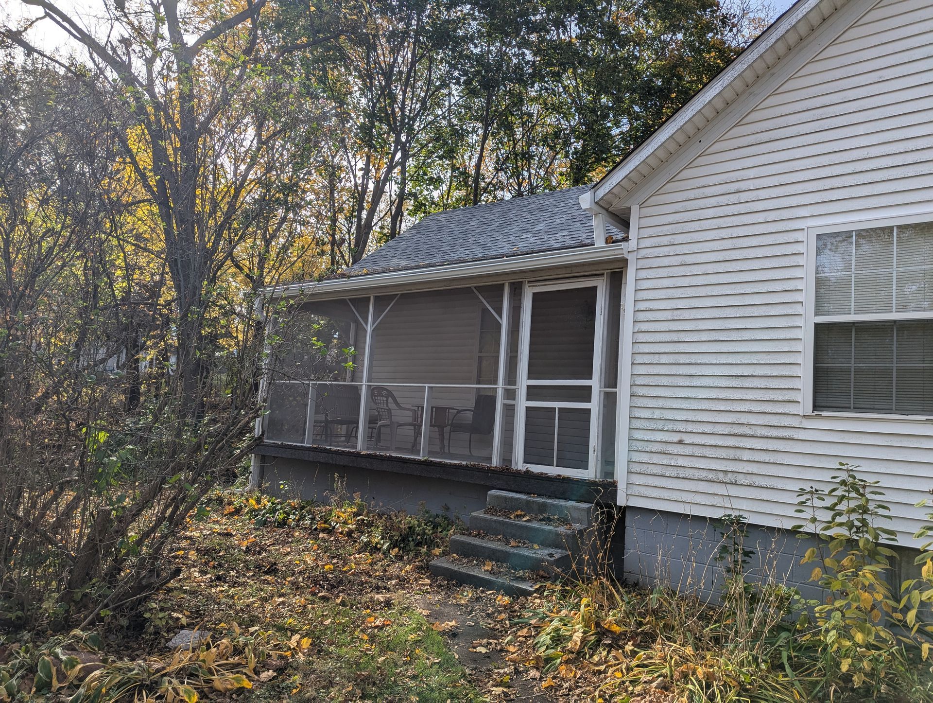 Screened porch of a white house with grey roof and steps, surrounded by autumn foliage.