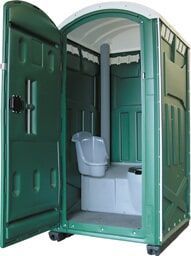 Green portable toilet with the door open, revealing the interior and a toilet seat.