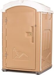 Tan portable toilet with white roof, set outdoors.