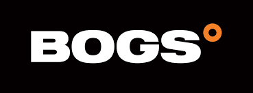 BOGS logo in white on a black background with an orange dot above the final letter