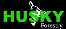 HUSKY Forestry logo in bright green and white on a black background with a husky silhouette