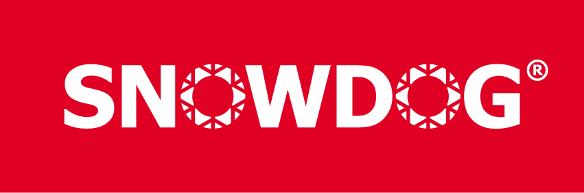 SNOWDOG logo in white on a red background, with a snowflake in the letter O.
