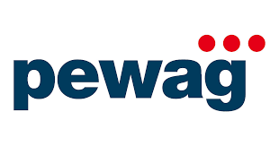 Pewag logo in dark blue with three red dots above the final letters