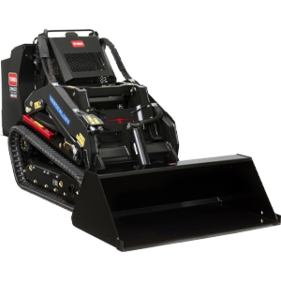 Black compact skid steer loader with front bucket on a white background