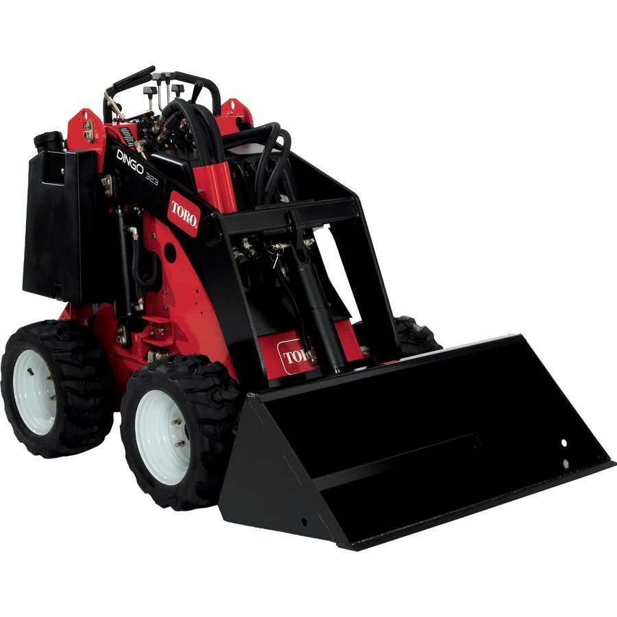 Red and black compact skid-steer loader with front bucket on a white background
