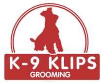 K-9 Klips Grooming logo with red silhouette of a dog inside a circle