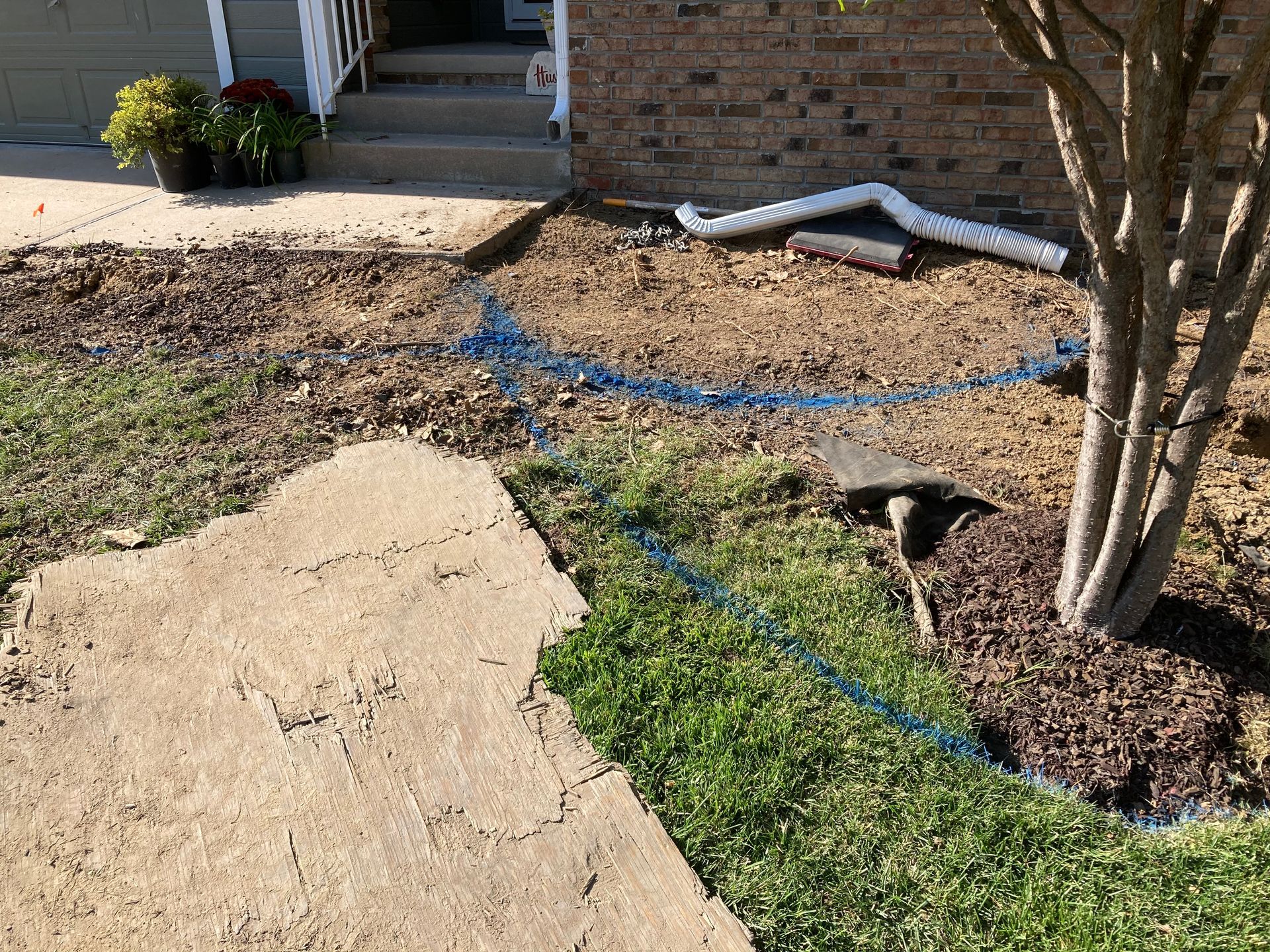 a brick house with a concrete walkway and a tree in front of it