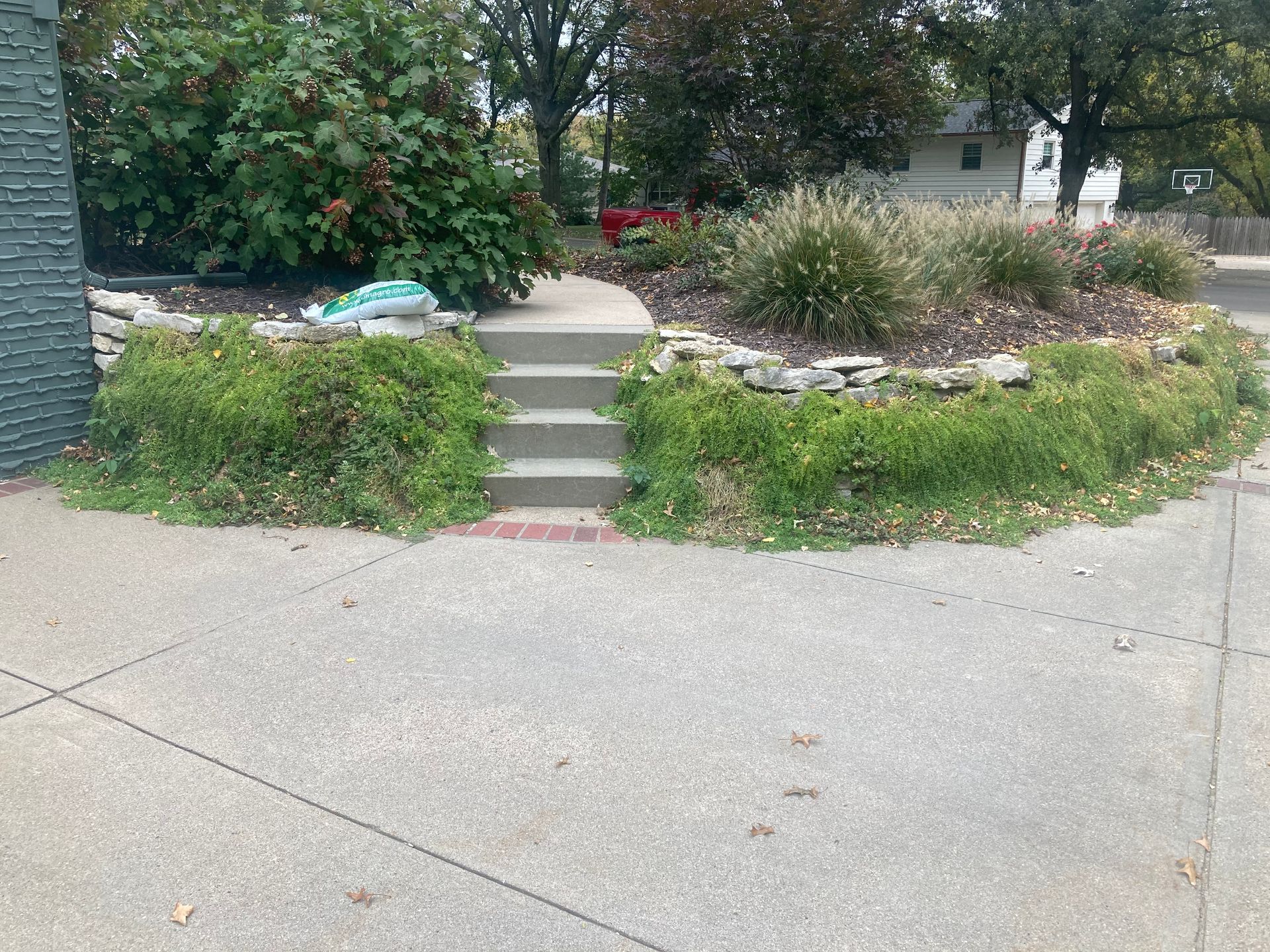 a concrete driveway with stairs leading up to a garden