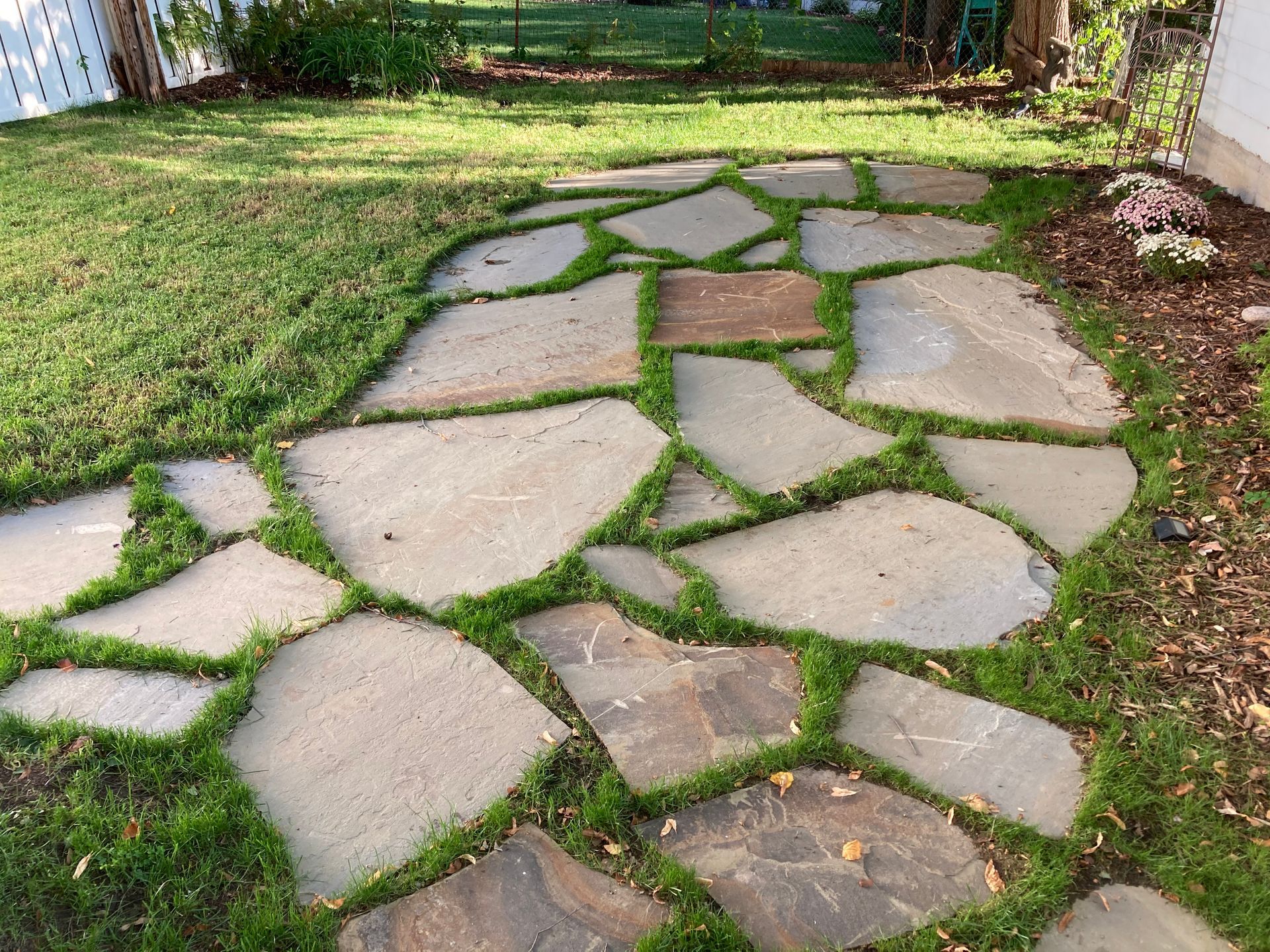 a stone walkway surrounded by grass in a backyard