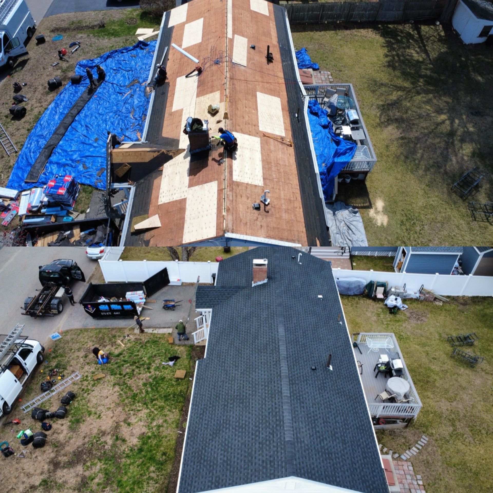 Two aerial views: roof being replaced with workers on the roof, blue tarps, debris, new dark shingles on the bottom half.