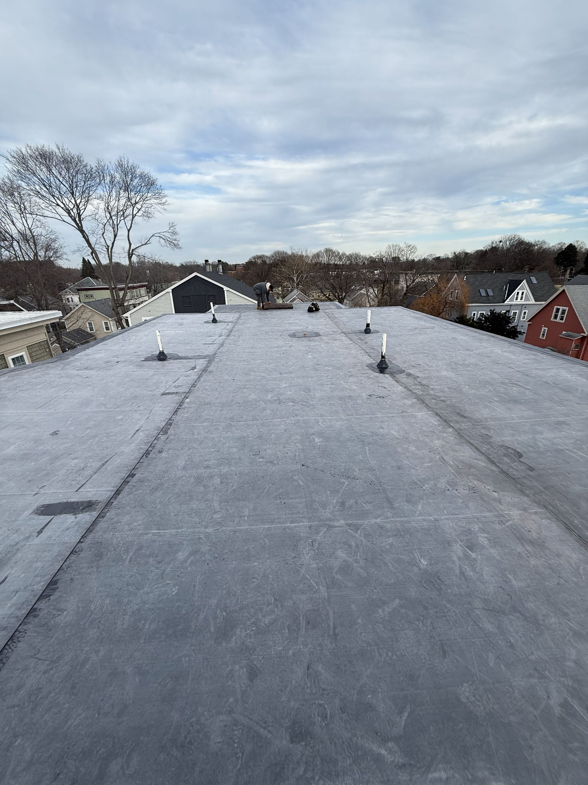 Flat, gray rooftop covered in frost under a cloudy sky, with vent pipes.