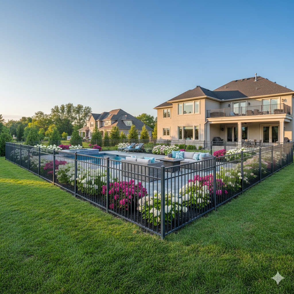 Backyard pool area with black fence, flowers, and a large house.