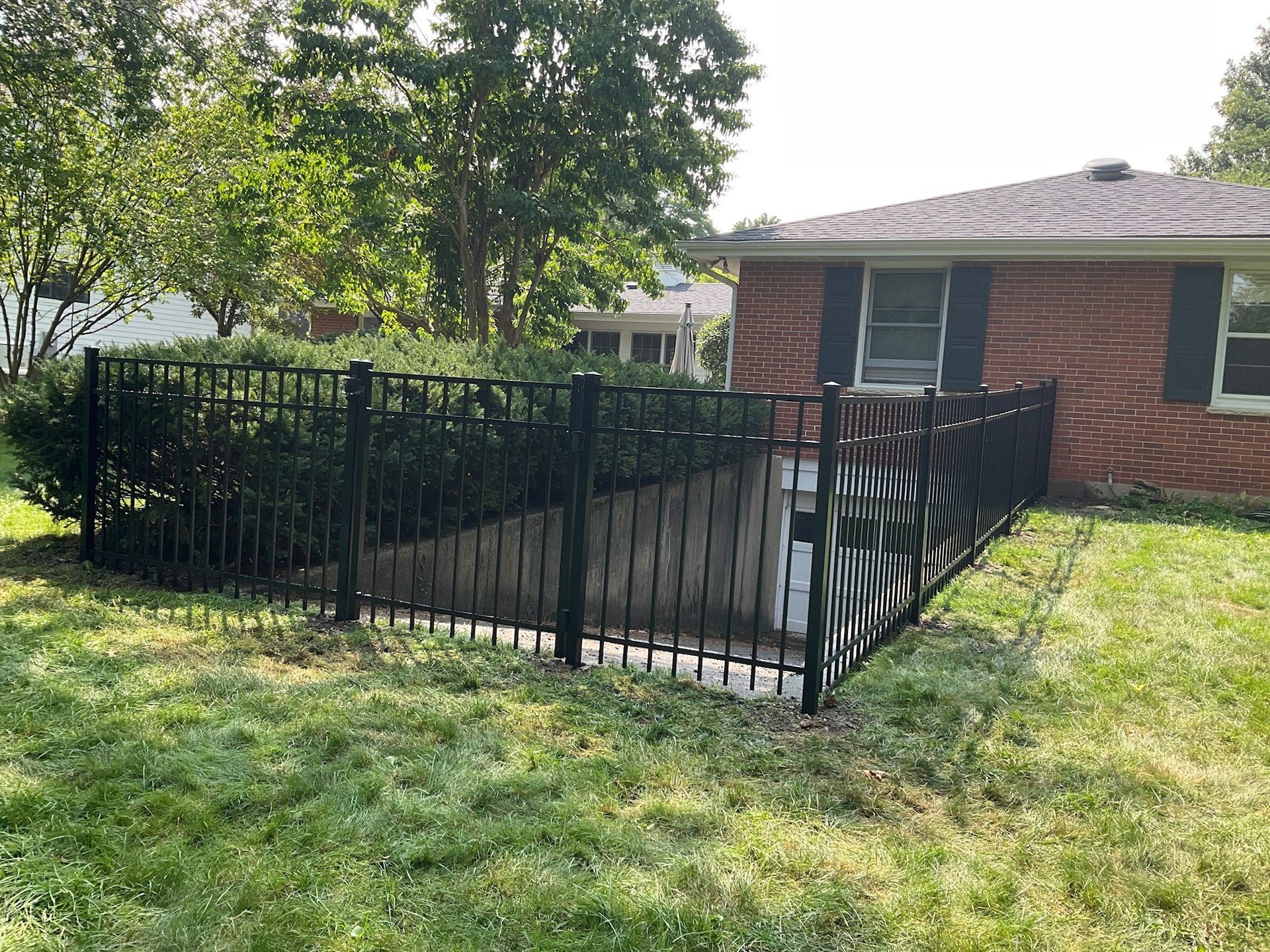 Black metal fence encloses a basement window well next to a brick house with green grass and trees.