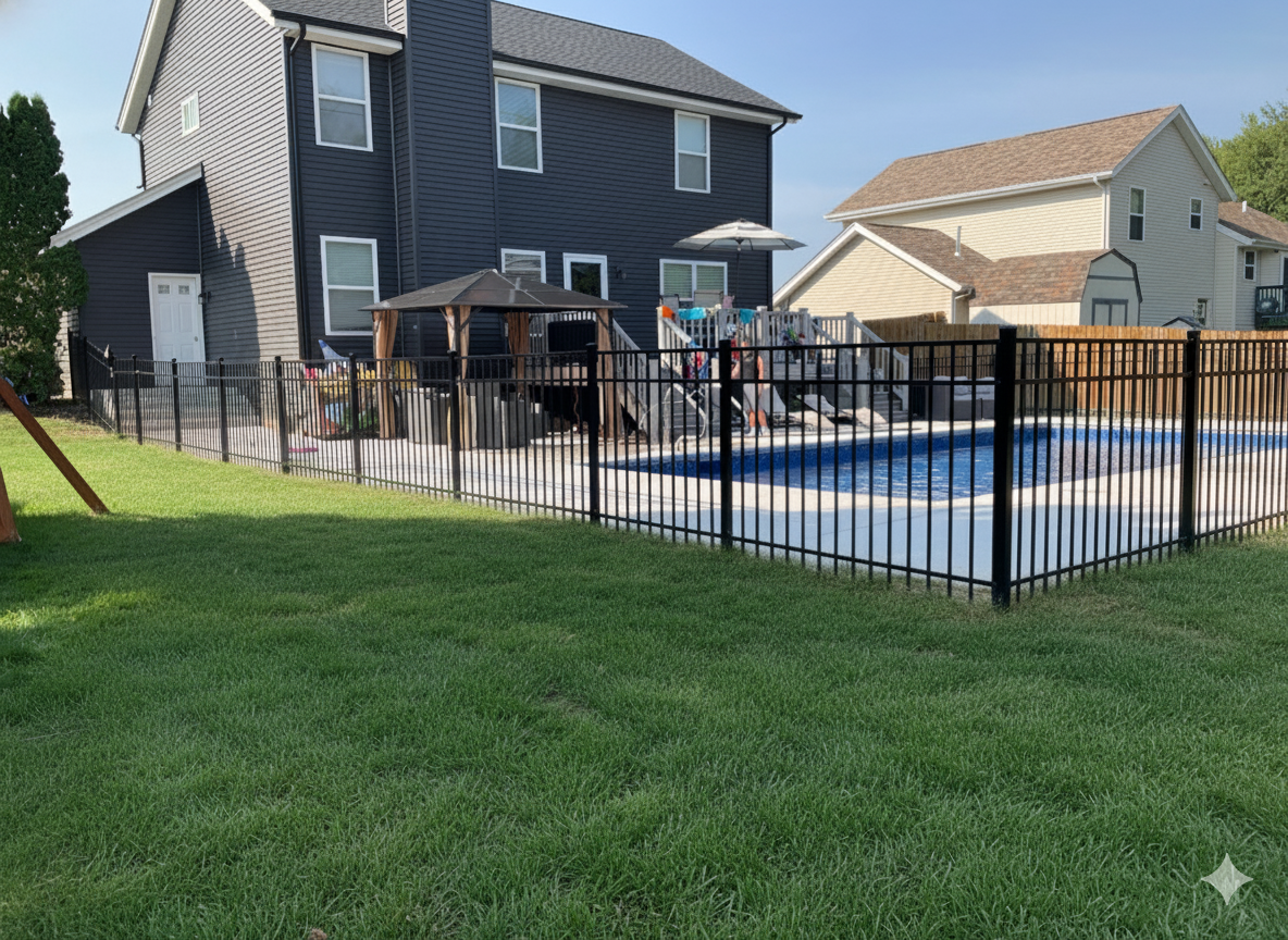 Black fence encloses a backyard pool. A dark house is in the background. Green grass and blue water.