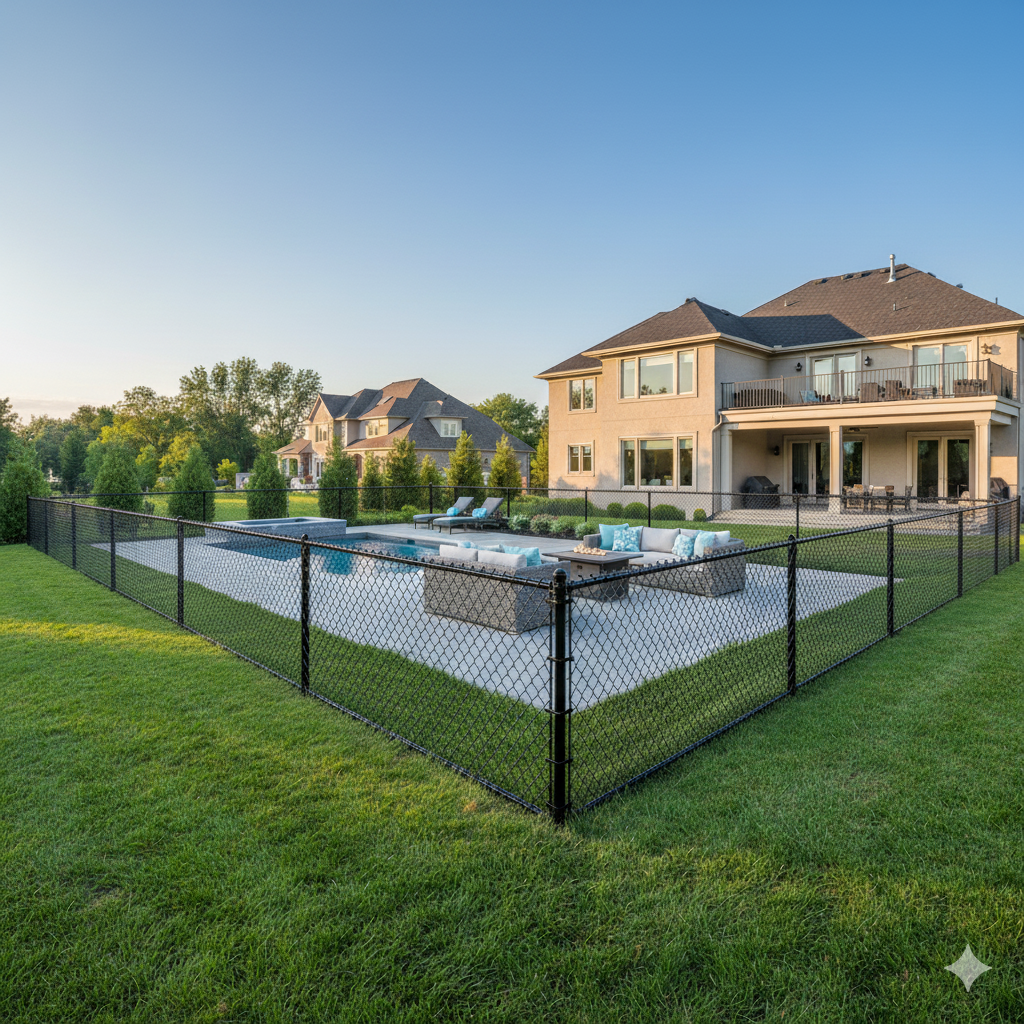 Backyard pool area with black fence, gray patio, and beige house under blue sky.