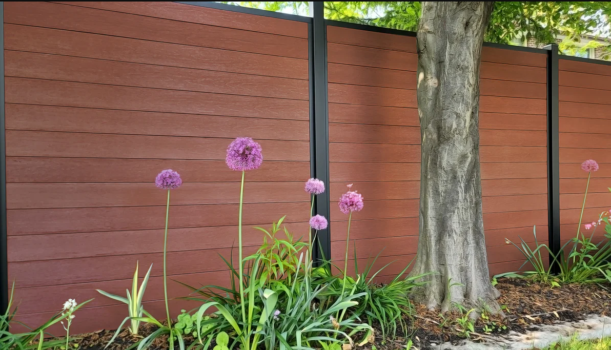 Brown wood-slat fence with black posts behind purple allium flowers and a tree trunk.