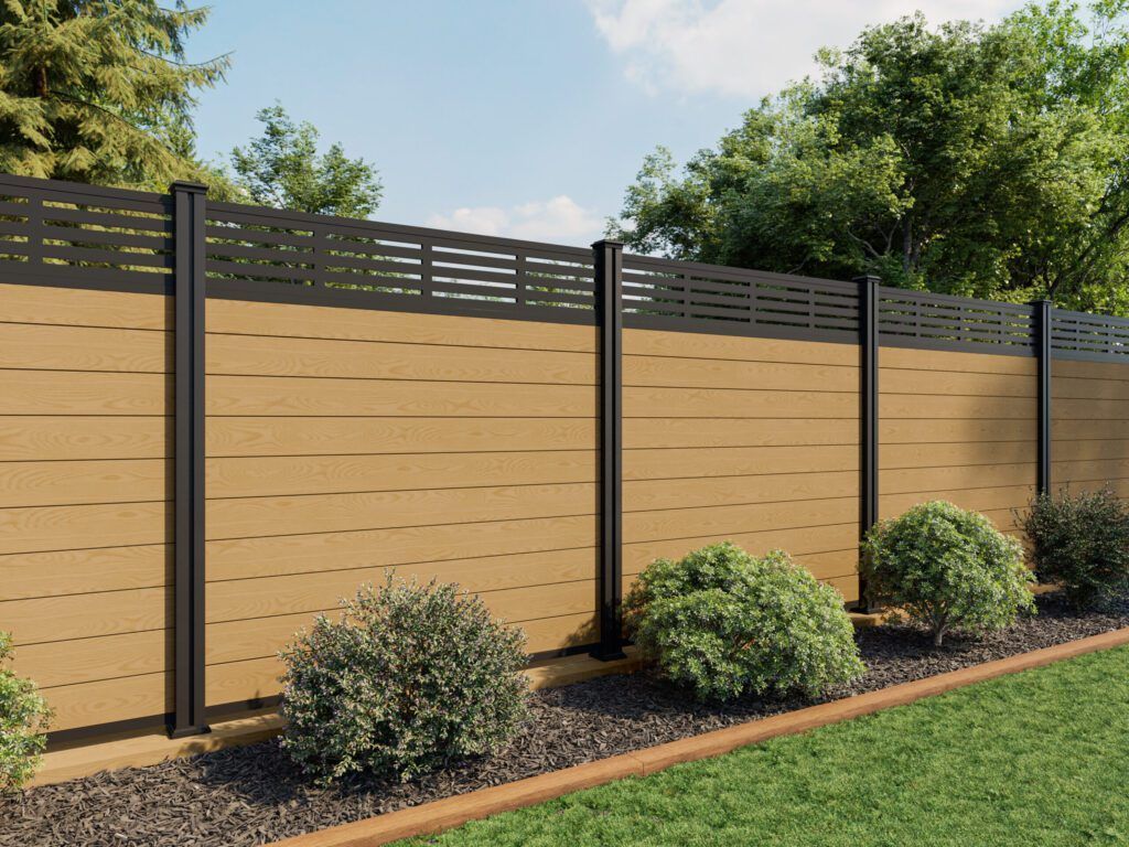 Wooden fence with black posts and upper horizontal slats; brown wood grain.