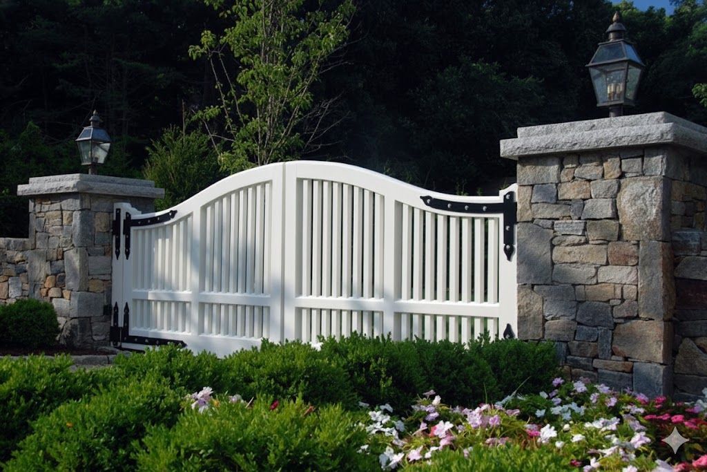 White wooden gate between stone pillars, topped with lamps. Green shrubbery in foreground.
