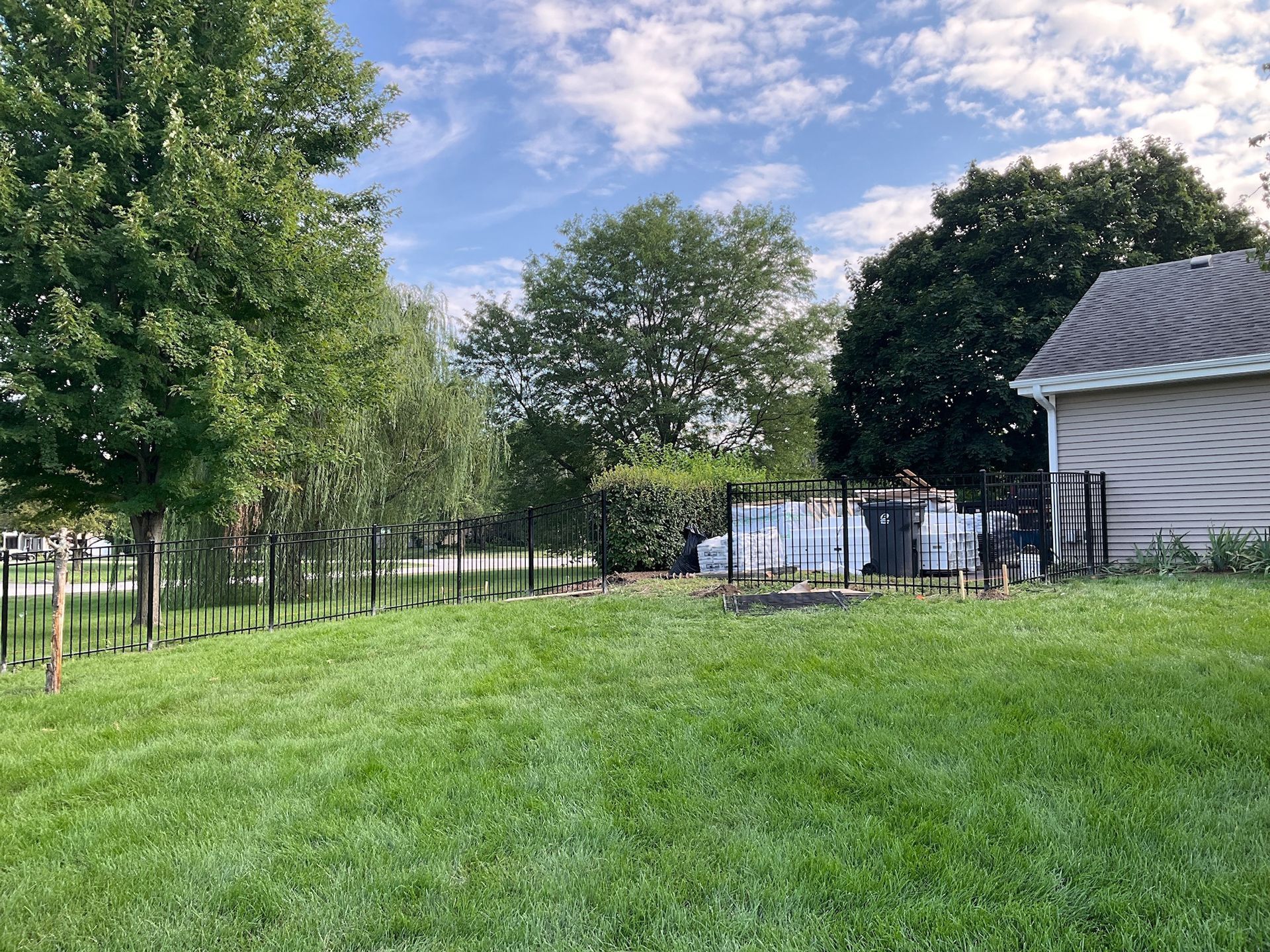 A grassy backyard with a black metal fence, trees, and a house. Blue sky with clouds.