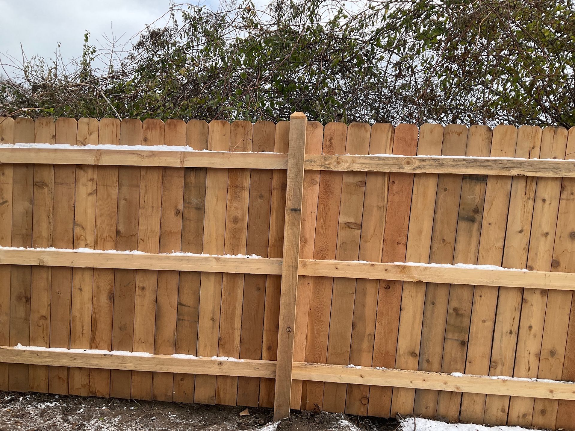 Wooden fence with horizontal supports, snowy ground, and green foliage background.