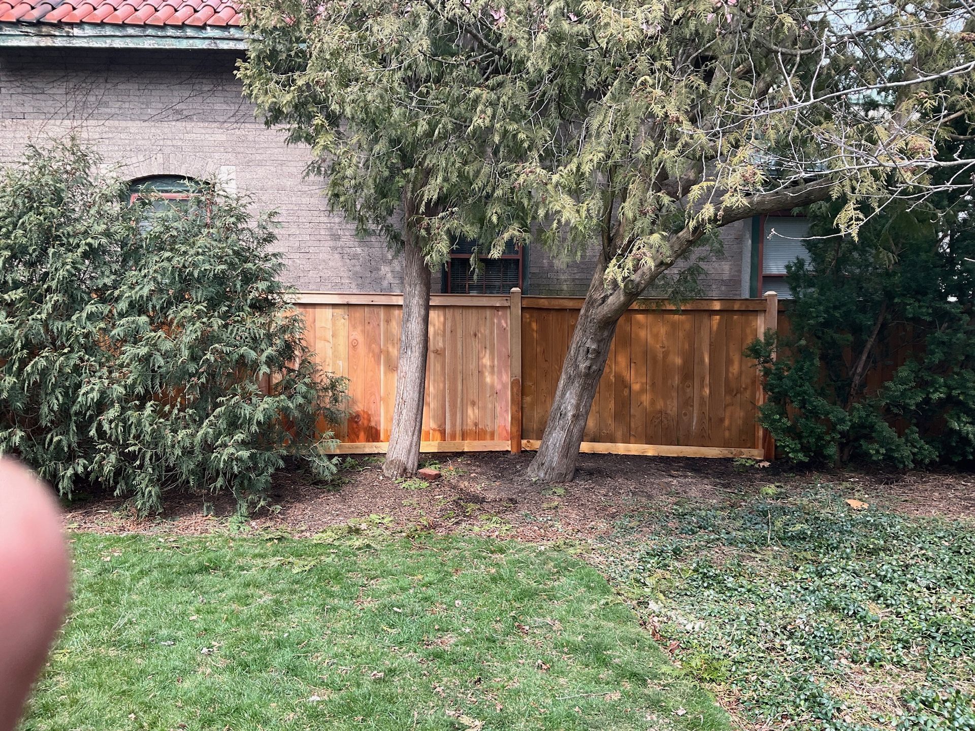 Brown wooden fence built between two trees, partially obscuring a brick building.