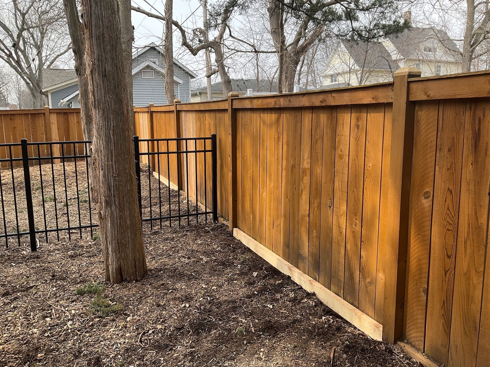 Wooden fence in a backyard, with a black metal fence in front and a tree.