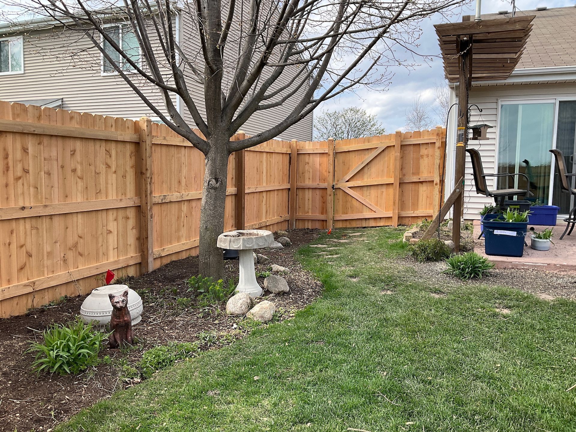 A backyard with a wooden fence, gate, tree, birdbath, and patches of grass and flowers.
