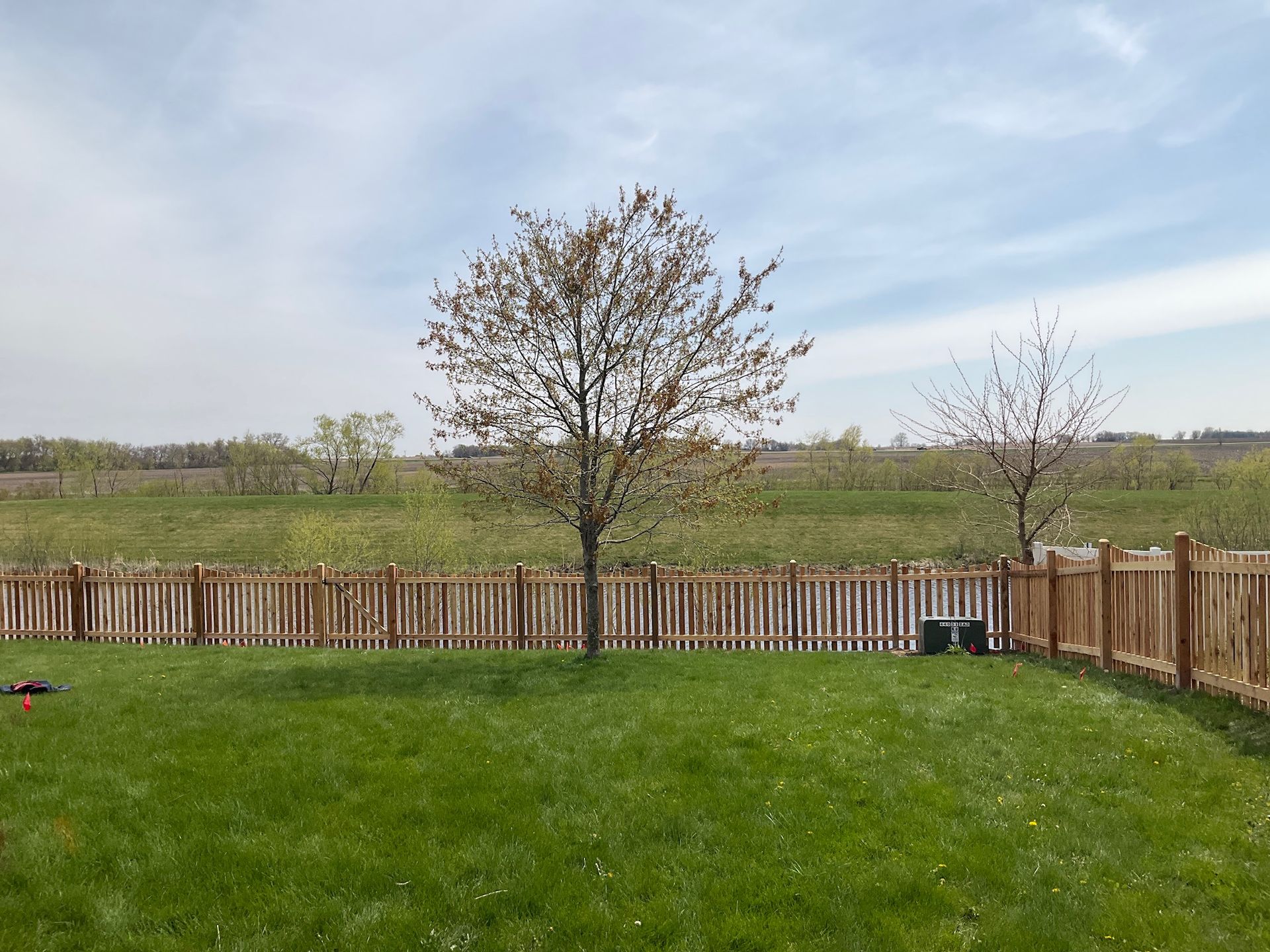 Green backyard with wooden fence, tree, and distant hillside under a cloudy sky.