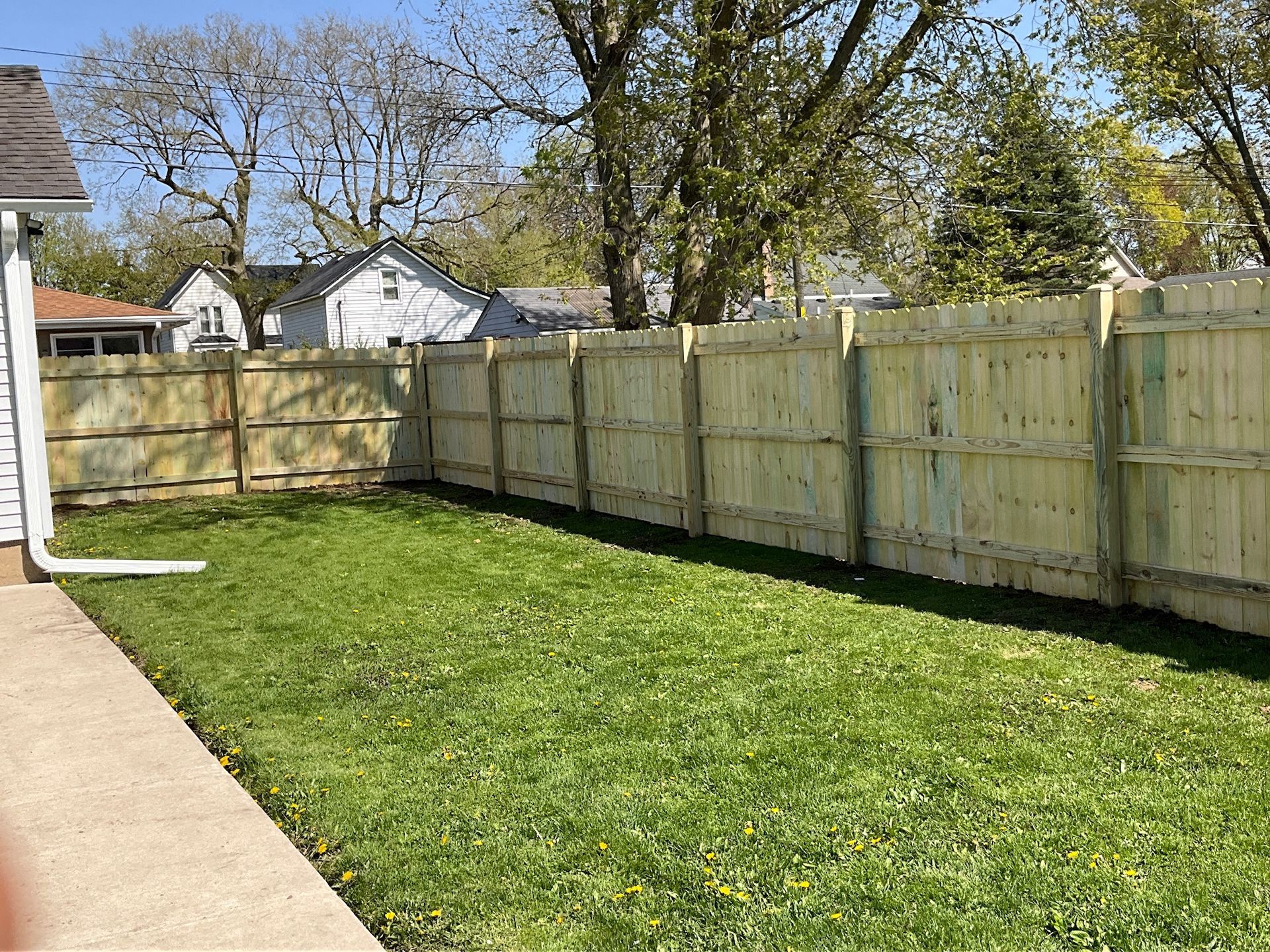Backyard with a wooden fence and green grass. Several houses in the background under a blue sky.