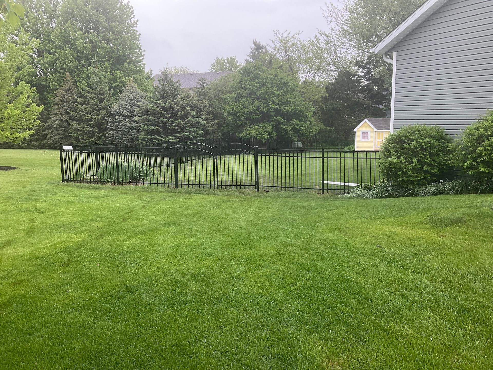 Lush green lawn with a black fence enclosing a garden. Trees and a small yellow building are in the background.