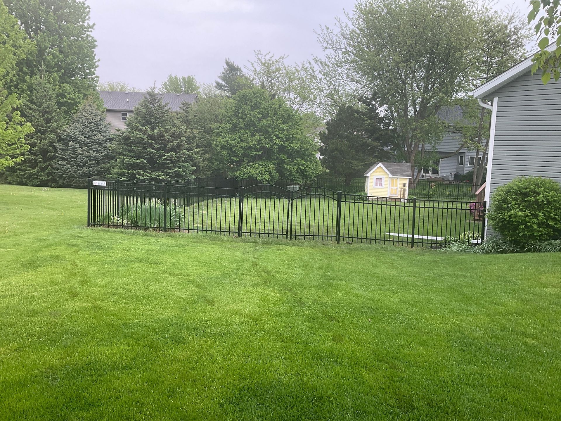 Lush green backyard with a black picket fence enclosing a garden bed. A small yellow shed is in the background.