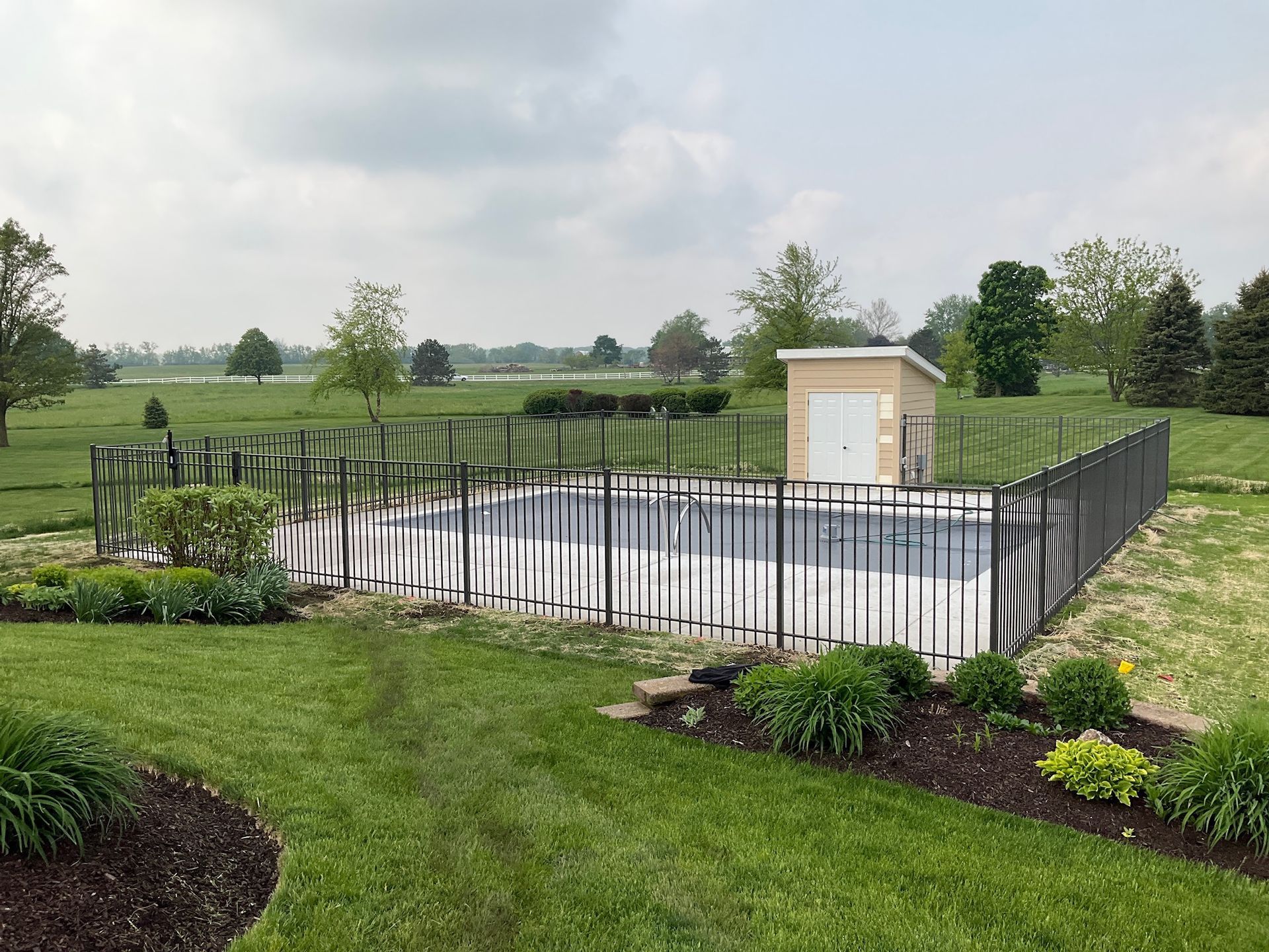 A fenced-in rectangular pool in a grassy backyard, with a small shed and trees in the background.