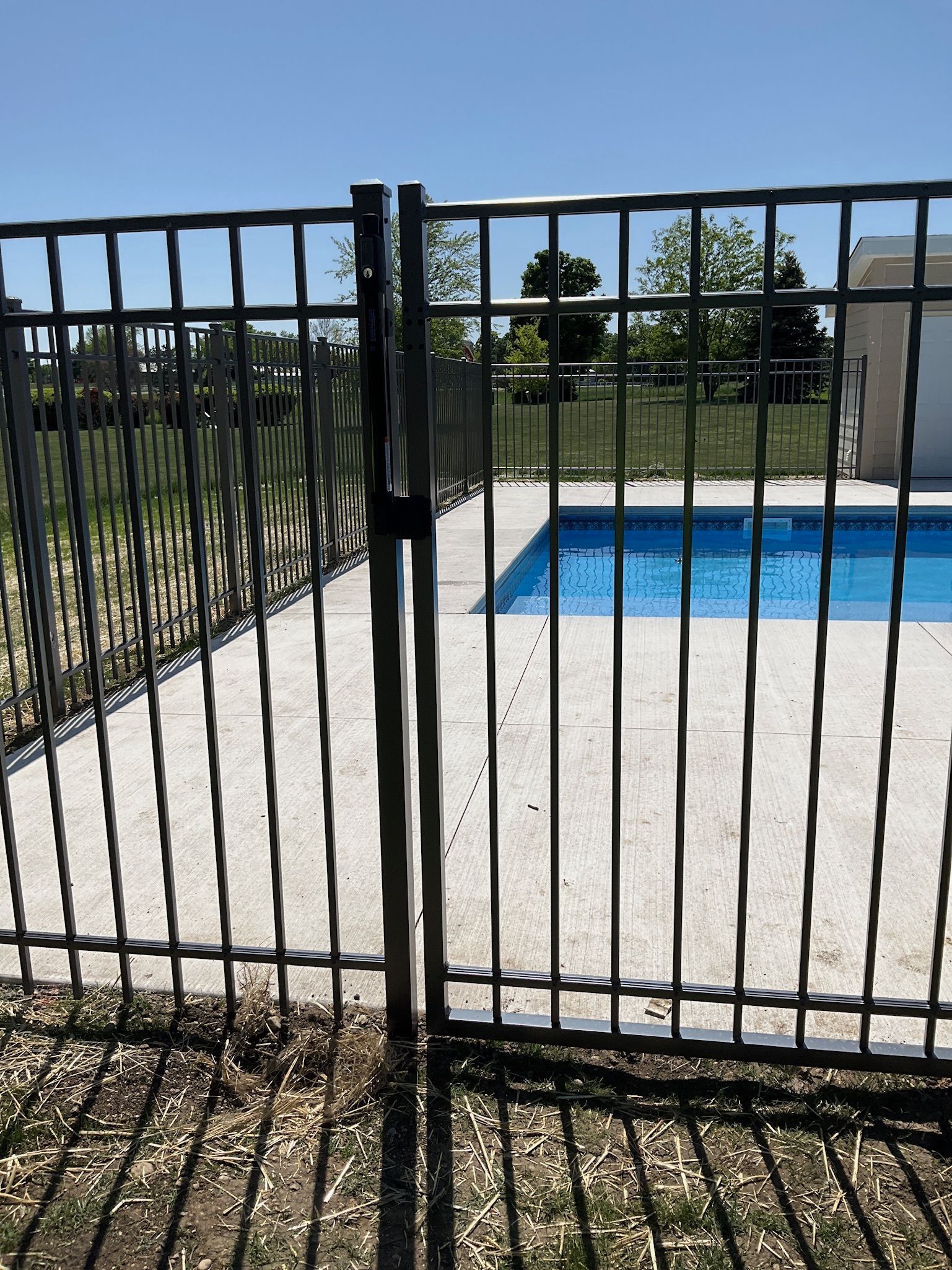 Black metal fence with gate surrounds a swimming pool.