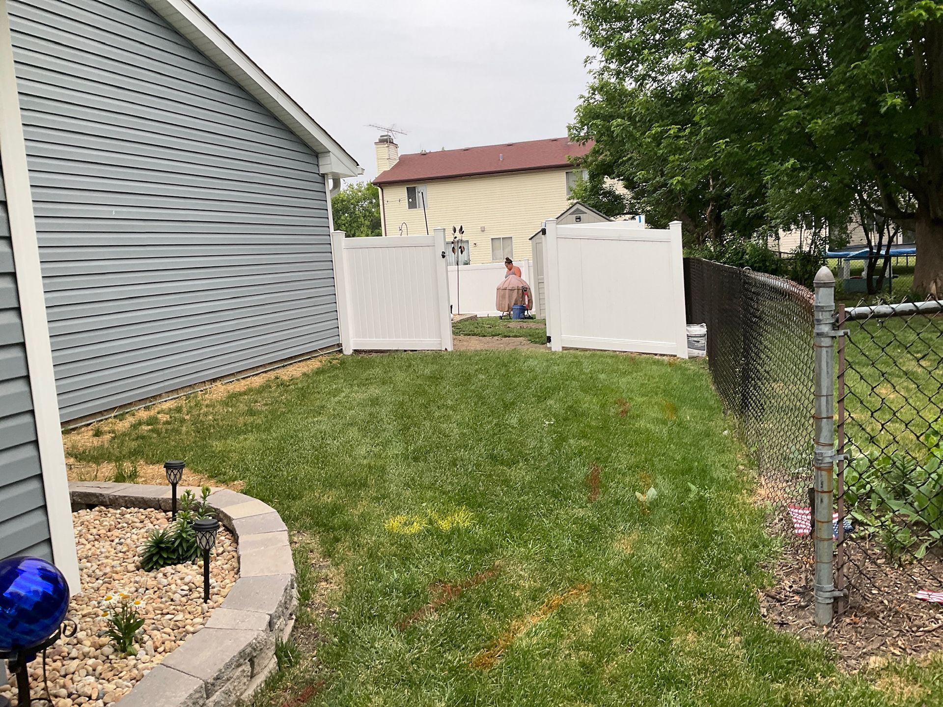 Backyard with green grass, white fence, chain-link fence, and a blue siding house.