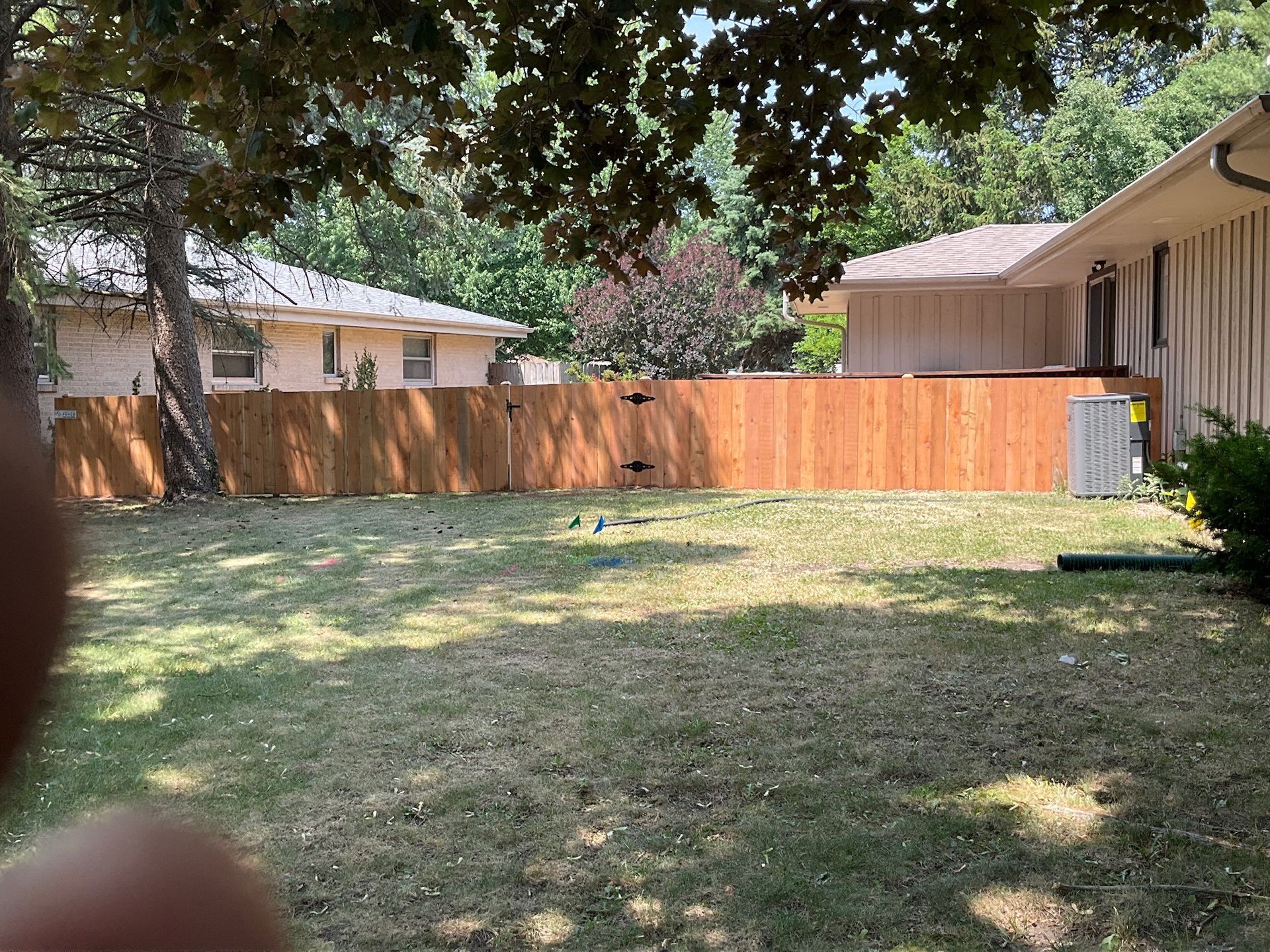 Backyard with wooden fence, grass, trees, and two houses.