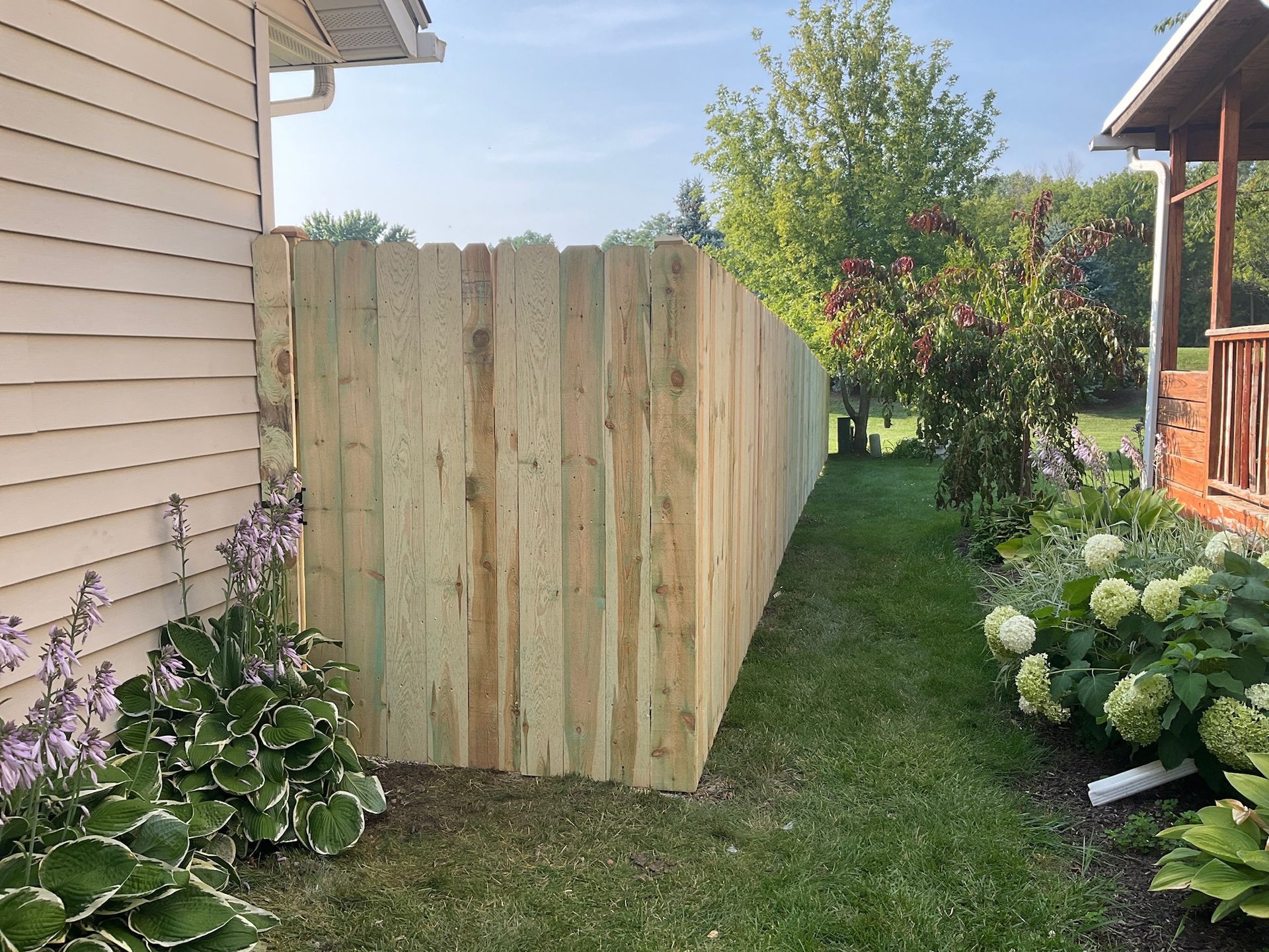 Wooden fence next to a house and garden on a sunny day.