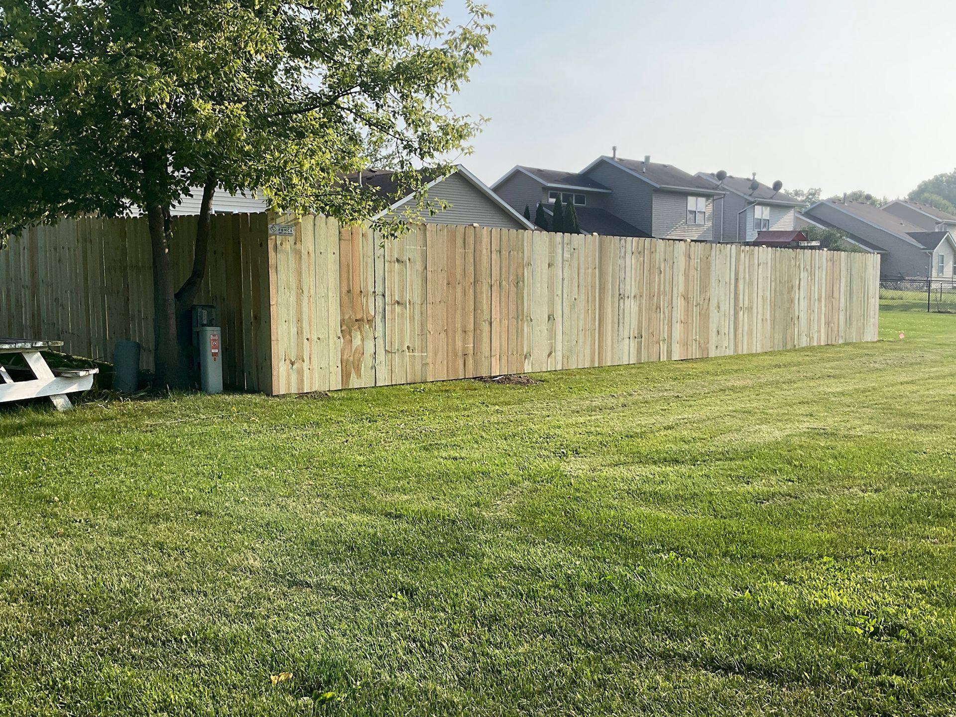 Wooden fence surrounding a grassy yard with a tree. Houses in the background under a light sky.