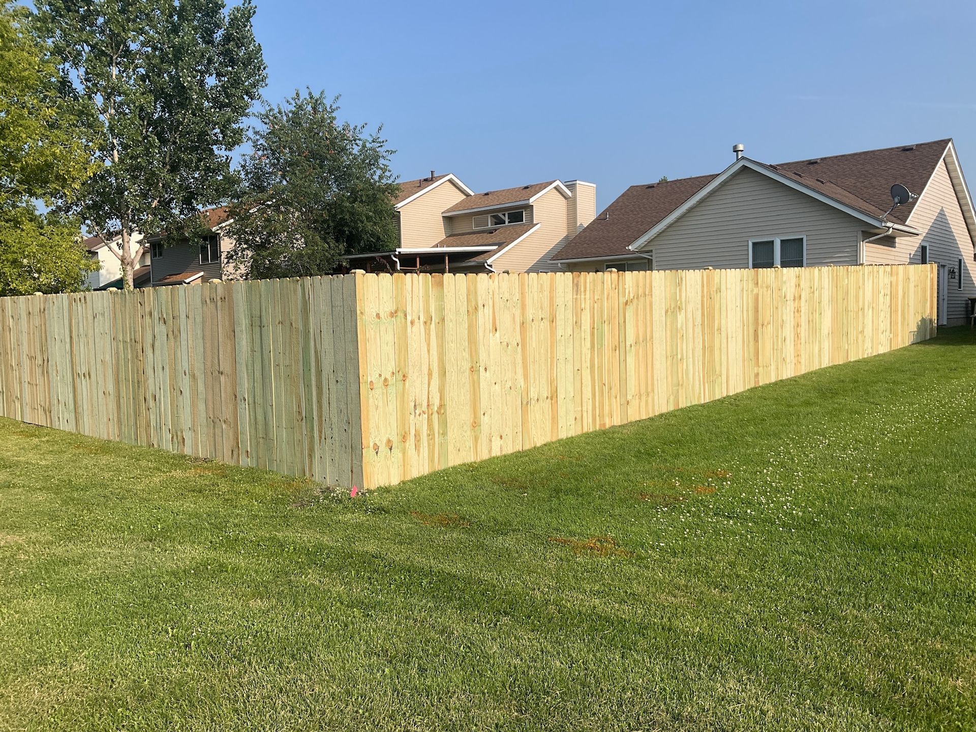 Wooden fence in a grassy yard, with houses in the background under a blue sky.