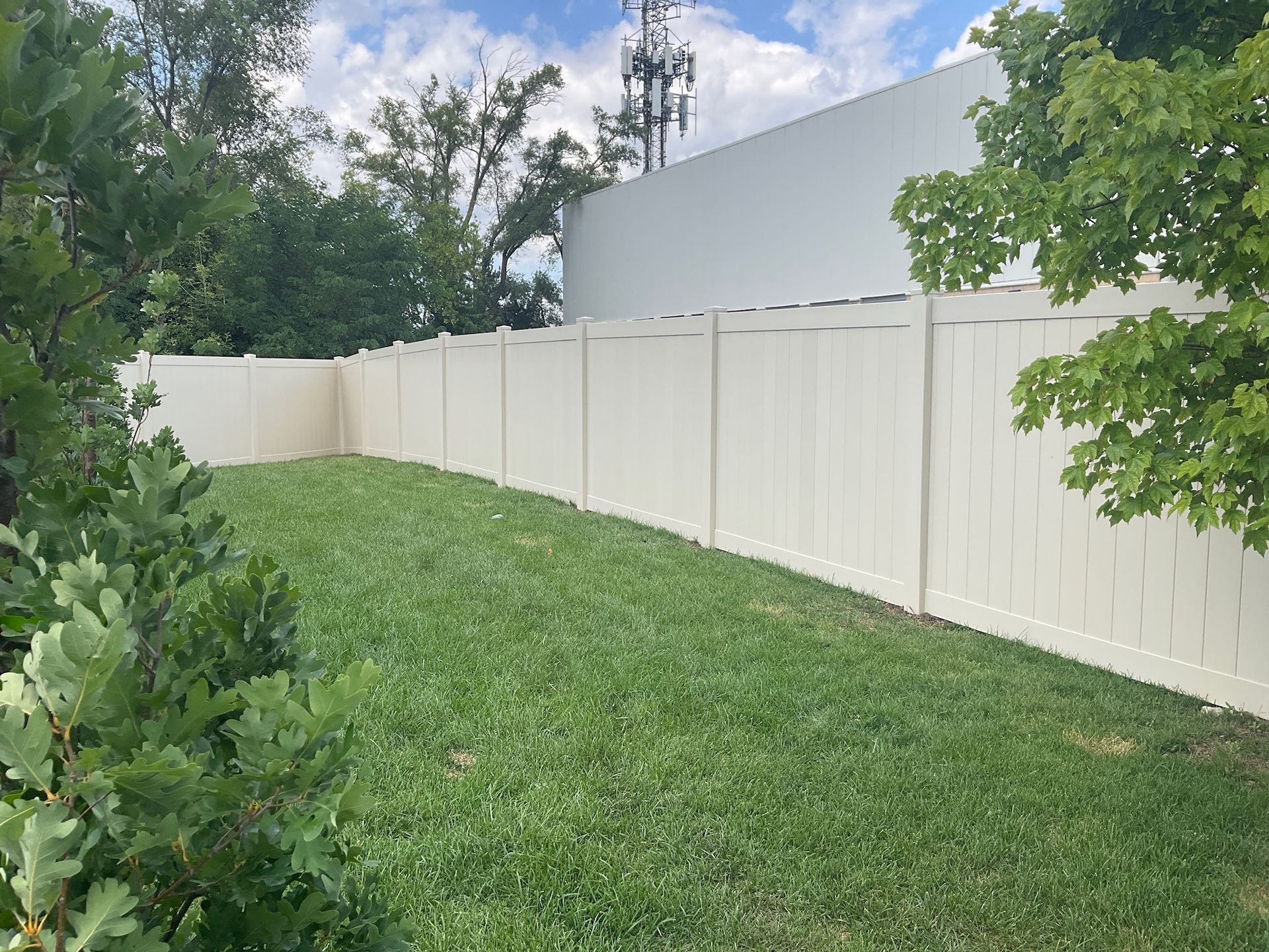 Beige vinyl fence encloses a grassy backyard; trees frame the edges with a blue sky above.