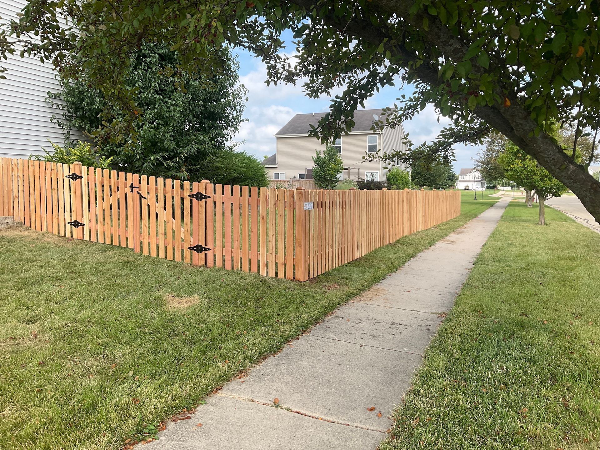 Wooden fence along a sidewalk, separating a yard from the street. Green grass and trees are present.