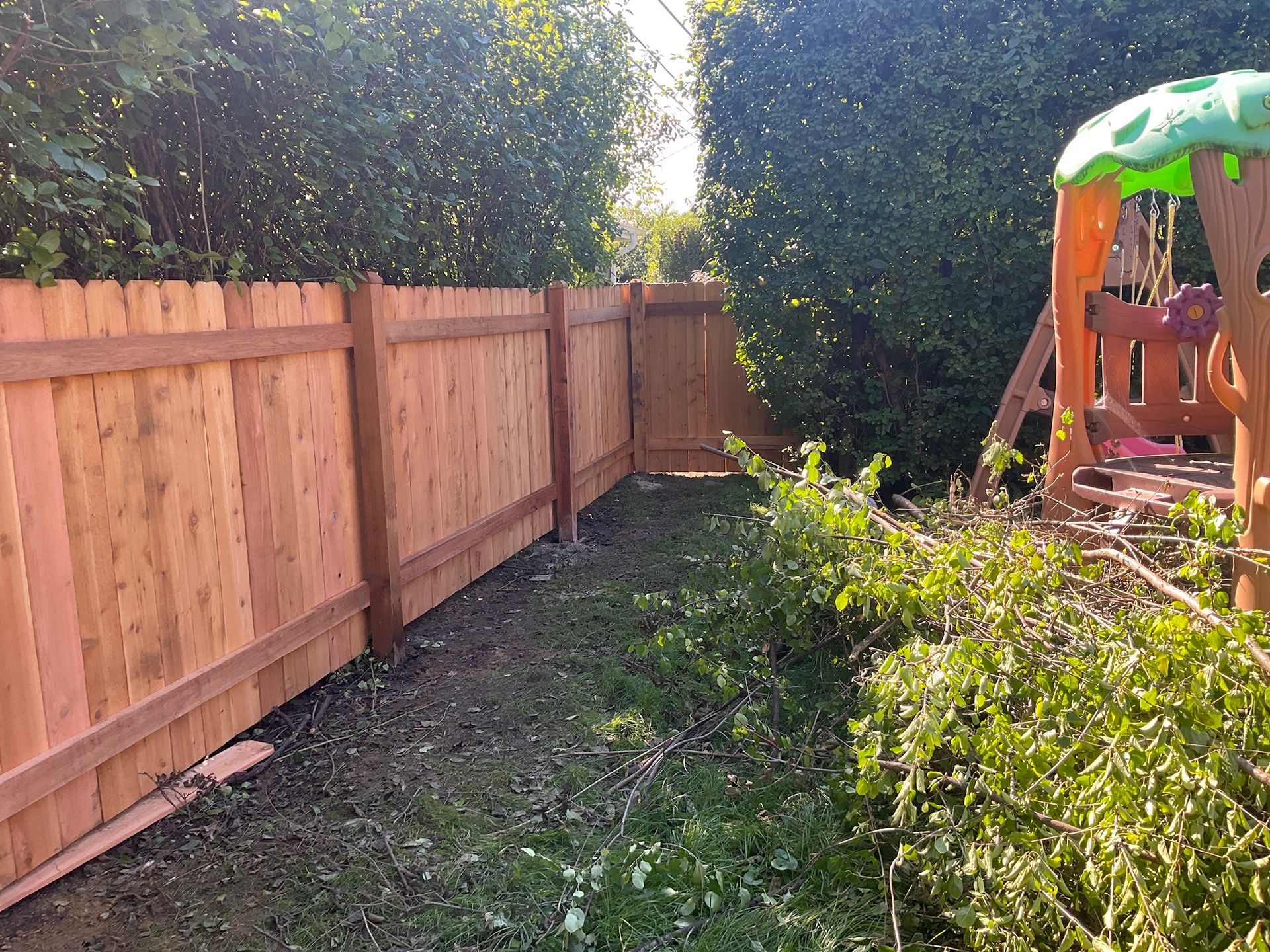 Wooden fence in backyard next to overgrown bushes and a children's play set.